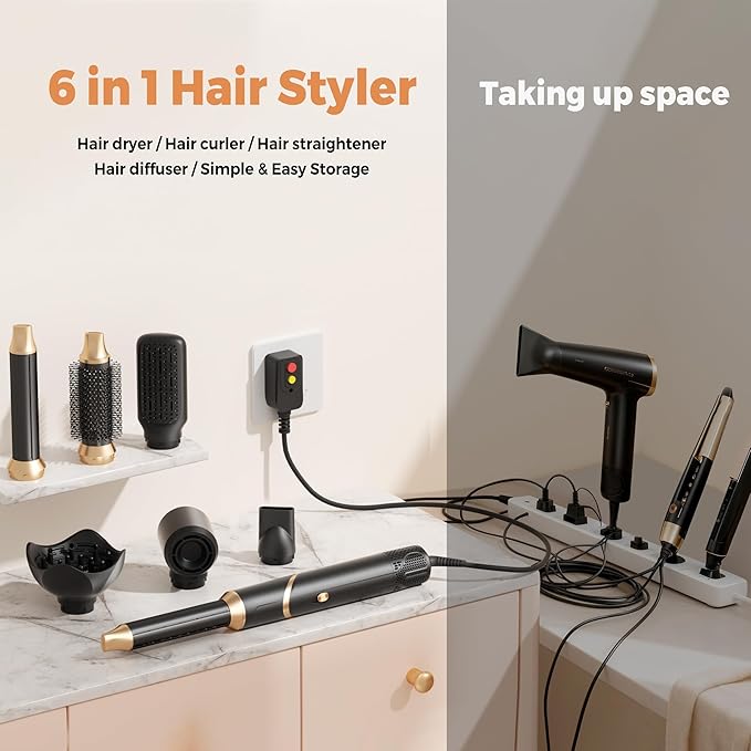 6 in 1 Air Styler & Hair Dryer Brush Set，Foldable Professional Negative Ionic Hair Styling Tools with Diffuser,Detachable Blow Dryer Brush with Auto Wrap Curlers,Hot Air Brush for All Hair Types.