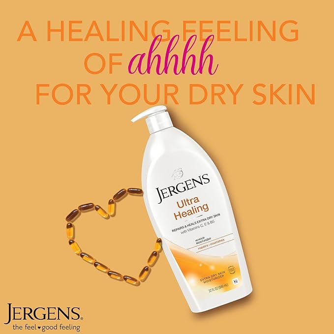 Jergens Ultra Healing Dry Skin Lotion, Hand and Body Moisturizer for Quick Absorption into Extra Dry Skin with Hydralucence Blend, Vitamins C, E and B5, White, 32oz (Pack of 2)