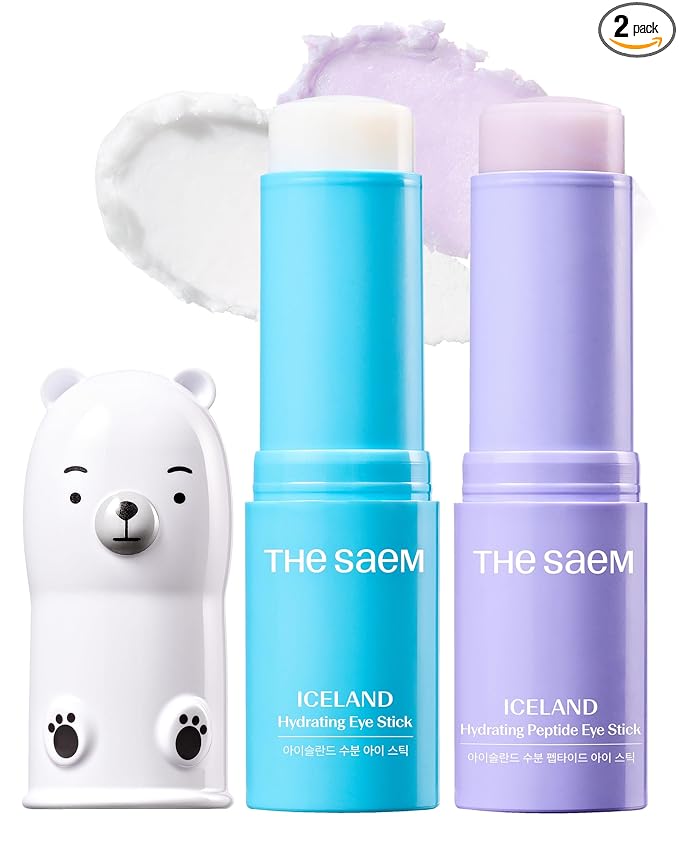 THESAEM Iceland Hydrating Eye Stick Bundle - 2 Pack (Hydrating + Peptide) 0.38 oz each - Cooling Balm for Dark Circles, Puffiness & Wrinkles - Under Eye Treatment with Niacinamide & 5-Peptide Complex