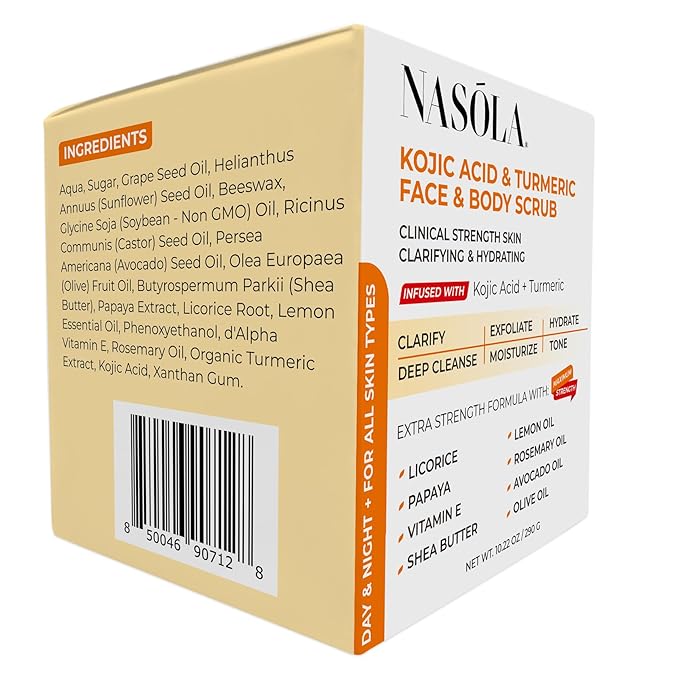 Nasola Kojic Acid Turmeric Face and Body Scrub - Moisturizing & Exfoliating Sugar Scrub with Shea Butter & Oils For All Skin Types - Removes Dead Skin for Hydrated Feel, Great Gifts For Women & Men