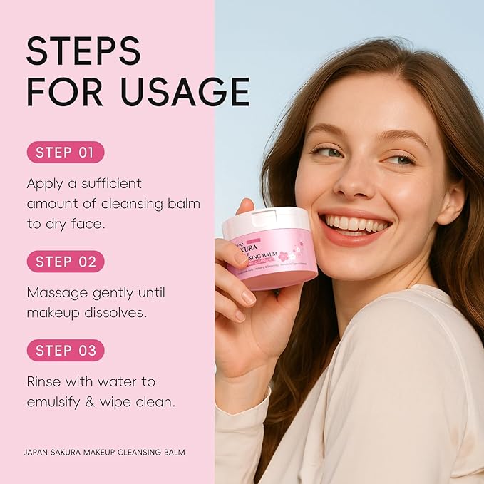 Cleansing Balm Makeup Remover with Japan Sakura Extracts, Hyaluronic Acid, Nourishing Melting Cleanser, Non-Greasy, Cleanses, Removes Makeup & Moisturizes Skin, All-in-One Facial Cleanser