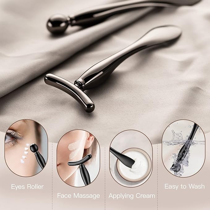 LISAPACK 2PCS Metal Eye Cream Applicator Wand Stick, Massager Tool for Facial Massage, Reduce Puffiness (Champagne)