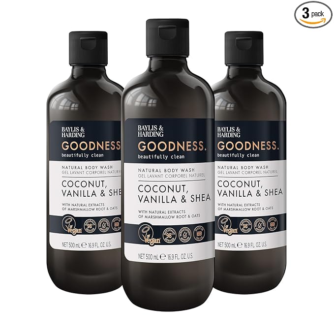 Baylis & Harding Goodness Coconut, Vanilla & Shea Natural Body Wash 16.9Fl.oz, Pack of 3 - Biodegradable Formula