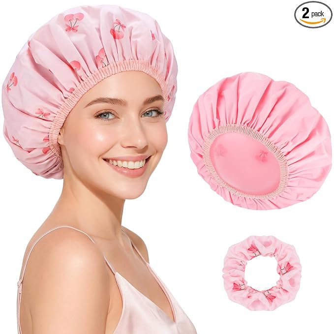 Pengxiaomei Large Double-Sided Shower Cap for Women, 2-in-1 Reusable Waterproof Cherry Print Bath Cap Pink Gifts for Women Girls Long Thick Hair