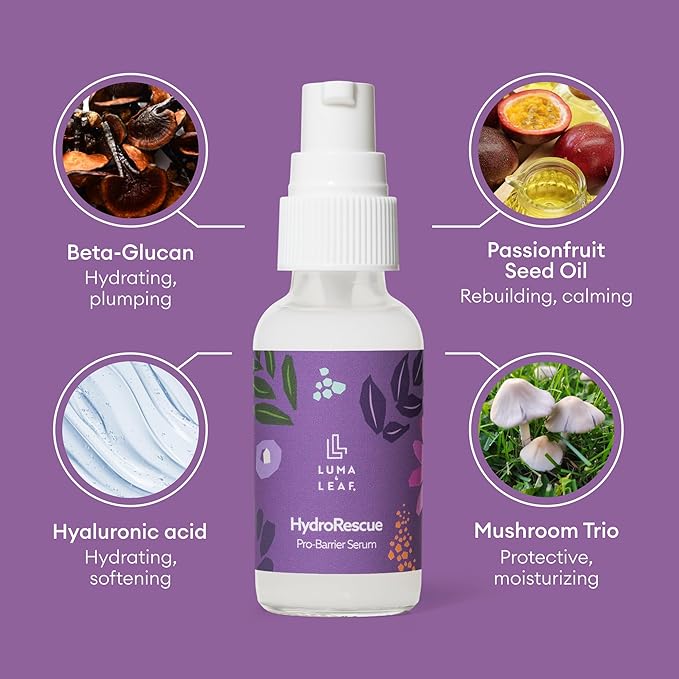 Luma & Leaf HydroRescue Beta Glucan Serum for Face - Mushroom Skin Barrier Repair Serum with Hyaluronic Acid, Passionfruit Oil - Hydrating Face Serum for Dry Sensitive Skin, Clean Beauty Skincare 1oz