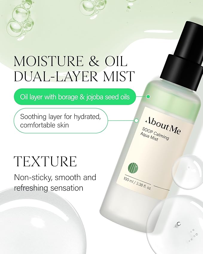 About Me SOOP Calming Bi-Phase Aqua Mist – 80.4% Jeju Cypress Water Fine Mist Face Spray, 2-Layer Hydrating Spray with Centella & Tea Tree, Vegan Makeup Setting Spray for All Skin Types, 4.23 fl oz