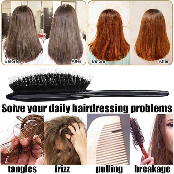 Boar Bristle Detangling Paddle Hair Brush for Curly Fine Wavy Hair, Anti-frizz Painless Detangler Brush Boar Nylon Mixed Bristle Styling Hairbrush for Women Men, Less Pulling and Hair Breakage