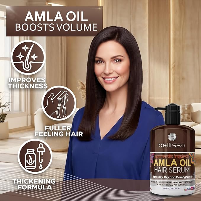 BELLISSO Amla Oil Serum - Sulfate and Paraben Free - Anti Frizz, Heat Protection for Damaged Hair - Professional Salon Grade Deep Conditioning - Smoothing Treatment for Women and Men - 8.45 Fl Oz
