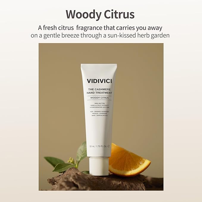 VIDIVICI Cashmere Hand Treatment, Korean Perfume Hand Cream, Deep Hydration with Shea Butter, Lightweight Fast-Absorbing Formula, Woody Citrus Scent, 1.75 fl.oz