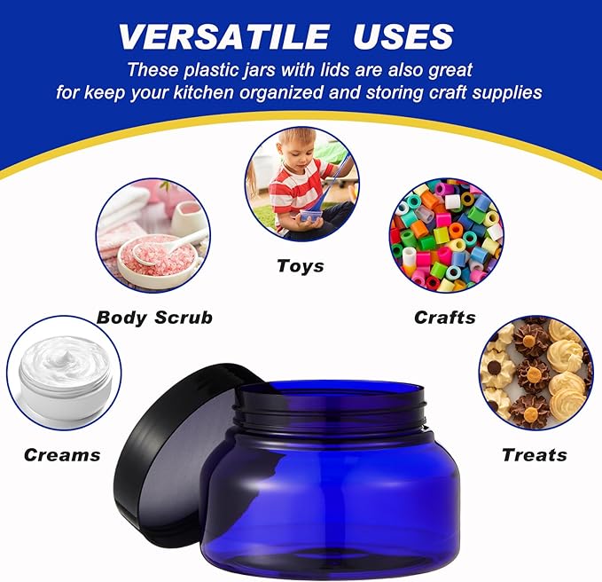 Tessco for you 24 Pack Plastic Jars with Lids Labels Multiuse Slime Containers Empty Body Scrub Jars Round Refillable Cosmetic Body Butter Container for Makeup (8 oz,Blue,Black)