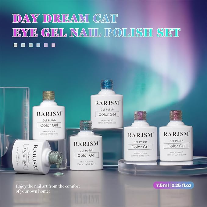 RARJSM Pastel Aurora Ceramics Glitter Cat Eye Gel Nail Polish Set 6Pcs Champagne Gold Green Mint Icy Blue Violet Pink Smoothie Glassy Cateye Gel Polish with Magnetic Stick Curing Require Home Salon