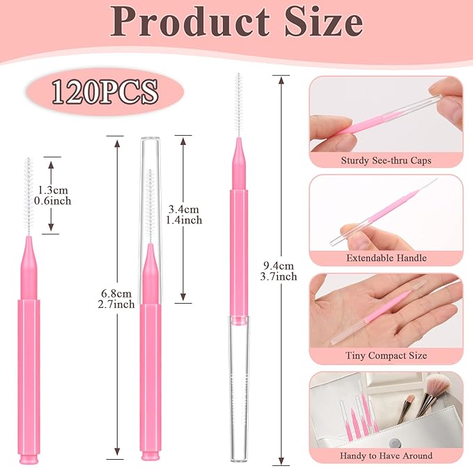 MAPVOLUT 120 Pcs Micro EyeBrow Lash Brush with Cap - Professional Beauty Mini Spoolies for Makeup, Thuya Brow Lamination and Travel - Perfect for Makeup Artists, Beauty Lovers, and Gifting (Pink)