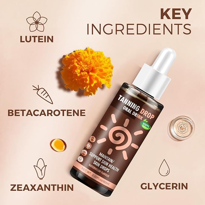 Sunless Tanning Drops To Drink: Oral Dark Self Tanning Drops Gradual Glow for Face & Body, 100% Natural Watermelon Flavor Tanning Supplement for Skin, Hydrating Bronzing Tanner for All Skin (60ml)