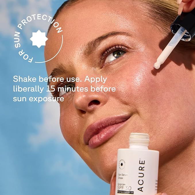 Acure Sun Serum Drops SPF 30 - Hydrating Sunscreen Serum with Broad-Spectrum Protection, Reef-Safe Skincare for Beauty Glow, Light & Sheer UV Shield, Use with Makeup, Travel Size - 1 fl oz (2 Pack)