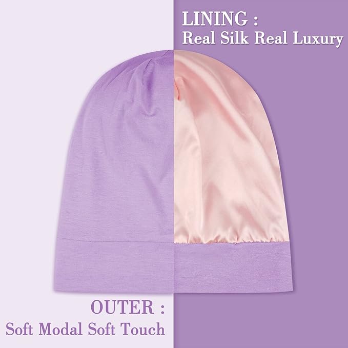LULUSILK Mulberry Silk Bonnet for Sleeping Women, Real Silk Sleep Cap for Curly Hair and Braids, Pure Head Wrap with Scrunchies, Lavender