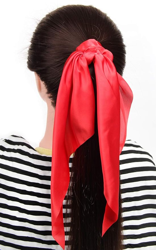 Pack of 2 Knotted Bow Hair Scrunchies Elastic Hair Scarf Black Hair Ties Bands Satin Hair Ribbon Scrunchy Red Ponytail Holder for Women and Girls (Red)