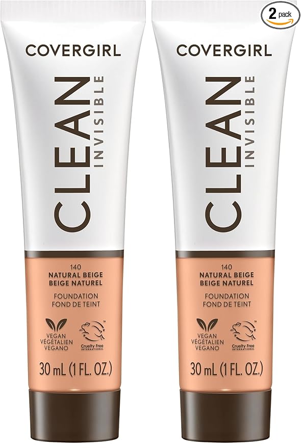 COVERGIRL Clean Invisible Foundation Makeup, Dewy & Glowy Finish, Buildable Coverage, Skin-Like Smooth Look, Vegan, Natural Beige, 1oz (Pack of 2)