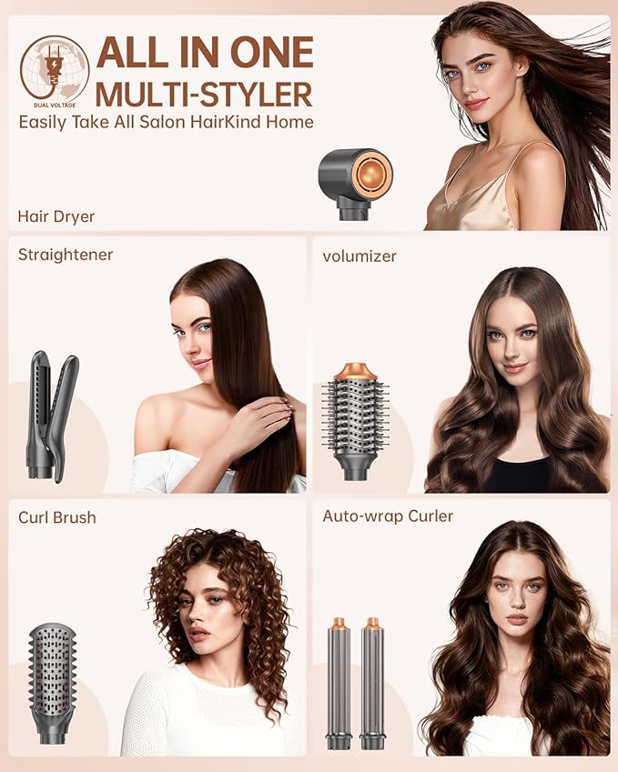 Hair Dryer Brush Air Styler: Dual Voltage 7 in 1 Ionic Multi Styling Tools with Hot Air Straightener, Auto Wrap Curlers, Frizz-Free Volumizer, Fast Blow Drying Curling Straightening and Smoothing