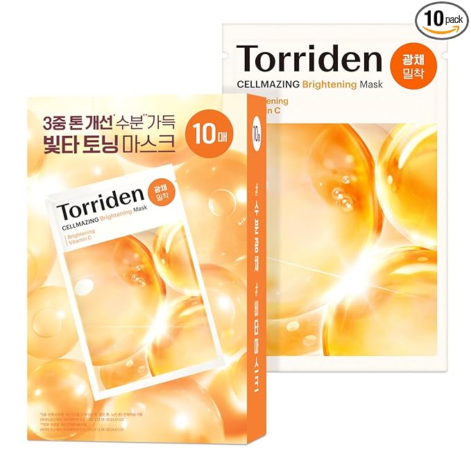 Torriden CELLMAZING Vita C Facial Mask (10 Sheets) | Radiance & Glow Boosting Korean Sheet Mask | Improving Overall Skin Tone | 5D Vitamin C + Niacinamide | Korean Face Mask