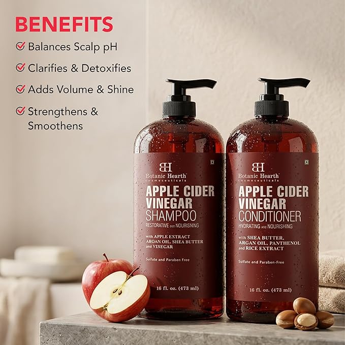 Botanic Hearth Apple Cider Vinegar Shampoo and Conditioner Set | Helps Dry Itchy Scalp, Dandruff, Frizz and Hair Loss | Color Safe, Sulfate Free Shampoo | All Hair Types, Men and Women, 16 fl oz each