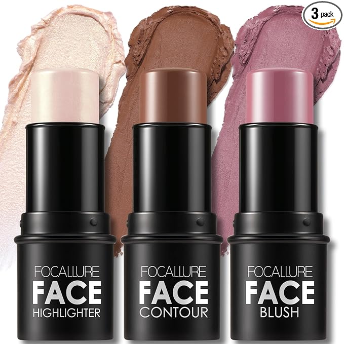 FOCALLURE 3 Pcs Cream Contour Sticks,Shades with Highlighter & Bronzer & Blush,Non-greasy Long-wear Face Contouring Pen,Easy to Sculpt the Face and Create a Lightweight Finishing Makeup,NEUTRAL