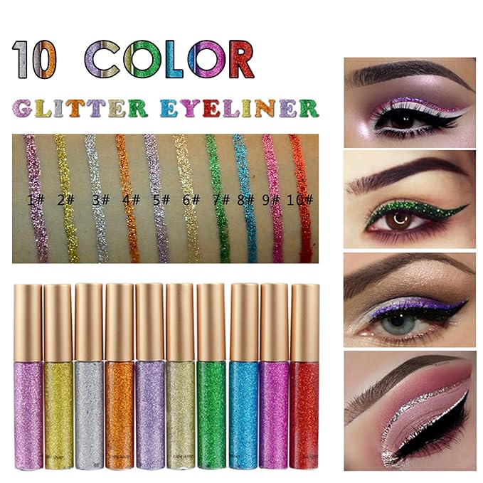 Glitter-Eyeliner,Pink-Giltter Eyeliner, Long-lasting Waterproof Eye-Glitter Makeup, Silver, Gold, Purple Green High-pigmented Colorful Eye Liner Liquid