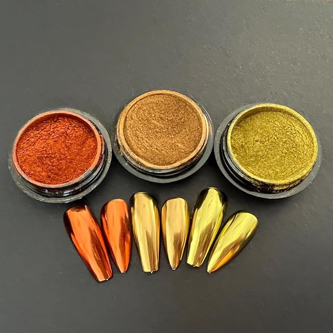 3 Jars Gold Chrome Nail Powder Kit - Metallic Mirror Effect Nail Art for Gel Polish, Gold Copper Set (Copper)
