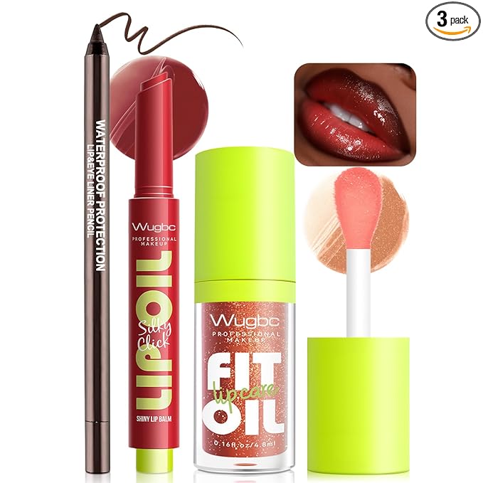 Brown Lip Liner Glitter Lip Gloss Oil Click Lip Balm, Hydrating Lipstick Tinted Lip Oil for Women Makeup Lightweight Non Sticky Liquid Lipstick Lip Liner Pencil Combo Set