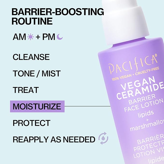 Pacifica Vegan Ceramide Barrier Repair Face Lotion, Hydrating, Lightweight Moisturizer, For Dry Skin, Dermatologist Tested, Safe for Sensitive Skin, Fragrance Free, 100% Vegan + Cruelty Free