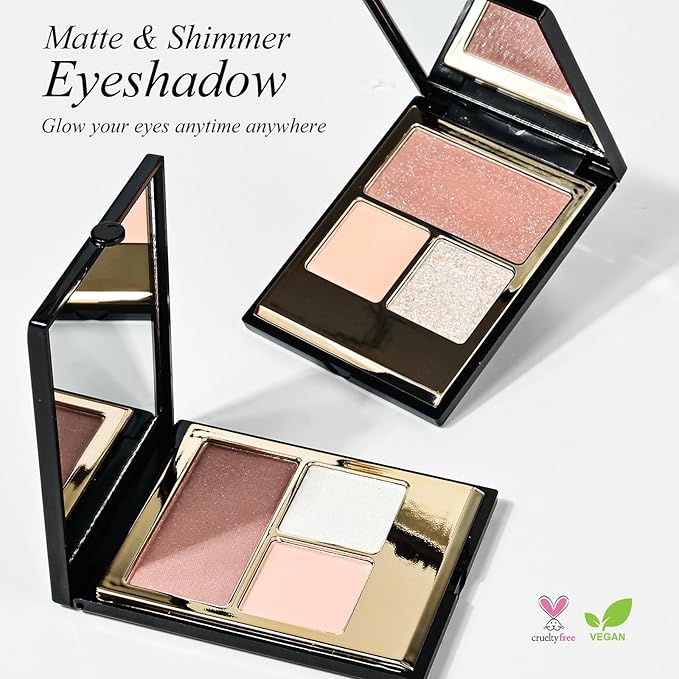 KYDA 3 Colors Eyeshadow Palette, Peach Nude Beige Matte Shimmer Grey Rose Eyeshadow, Pale Champagne Pearl Eyes Shadow, High Pigmented Lasting Ultra-fine Neutral Eye Shadow, Mini Eyes Glitter Makeup