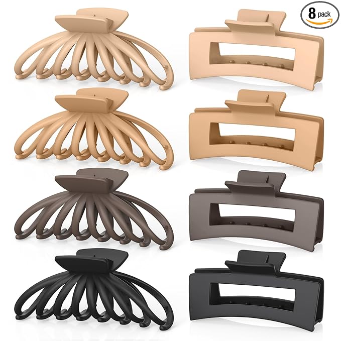 OPAUL Large Matte Square Nonslip Hair Claw Clips, 4.75" Strong Hold Big Neutral Hair Accessories for Long Hair for Women and Girls (8 Pack)