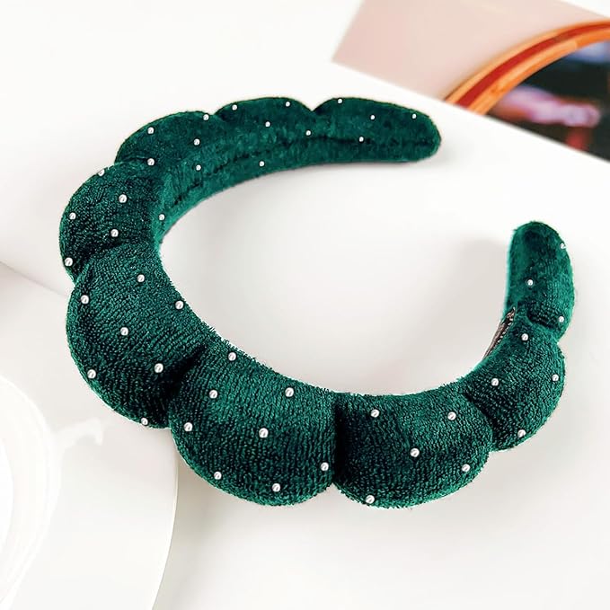 Spa Headbands Puffy Makeup Skincare Headbands for Washing Face or Facial, Terry Cloth Fabric Hairbands for Makeup Removal Shower Skin Treatment(Dark Green, Rhinestone)