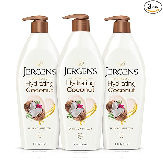 Jergens Hydrating Coconut Body Lotion, Hand and Body Moisturizer, Infused with Coconut Oil, Hydrates Dry Skin Instantly, Dermatologist Tested, 16.8 oz, Pack of 3
