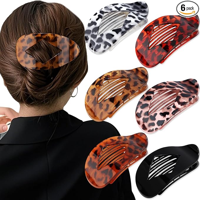Atoden Large Flat Round Hair Clips Oval Claw Clips for Thick Medium Thin Hair 6Pcs Non Slip Strong Hold Barrettes Duckbill Accessories for Women Girls Leopard Tortoise Shell Color