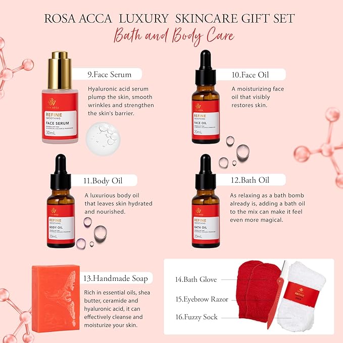Mother's Day Gifts, Red Rose 32 Pcs Facial Skin Care Set, Bath and Body Gifts Basket for Women, Spa Set & Self-Care Kit, Face Sheet Mask, Serum, Present, Birthday, Christmas, Anniversary, Wife, Mom