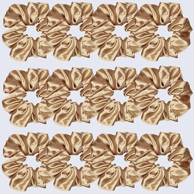 12 Pcs Satin Silk Scrunchies Hair Ties Fashion Hair Bands Hair Bows Elastic Bracelets Ponytail Holders Accessories for Women and Girls (4.5 Inch, Light Brown)
