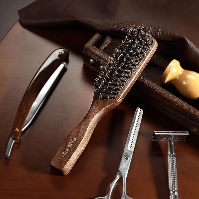 GAINWELL Mens Wild Boar Bristle Hair Brush for Men, Slick Back Hair Brush with Stiff Bristles for Thick Hair, Beard Brush Natural Black Walnut Wooden Handle Hairbrush