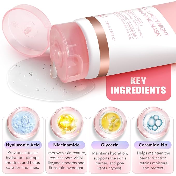 Collagen Night Wrapping Mask, Collagen Face Mask, Collagen Sleeping Mask, Collagen Facial Mask for Elasticity & Hydration, Hydrates and Tightens Skin, Reduces Sagging
