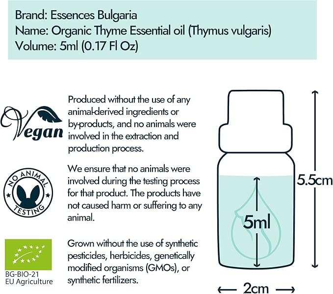Essences Bulgaria Organic Thyme Essential Oil 1/6 Fl Oz | 5ml | Thymus vulgaris | 100% Pure and Natural | Undiluted | Therapeutic Grade | Family Owned Farm | Steam-Distilled | Non-GMO | Vegan