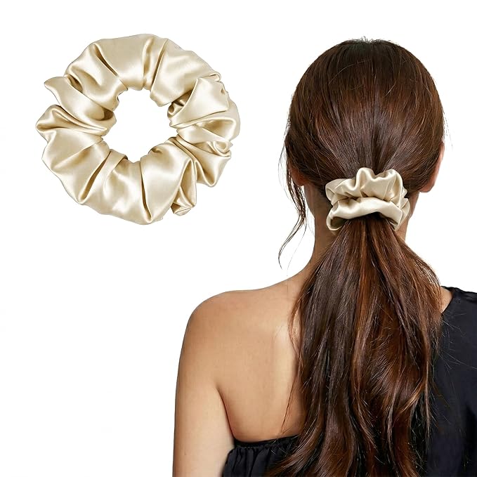 ZLYC 100% Mulberry Silk Scrunchie 19 Momme Gentle Creaseless Hair Tie for Women Dent-Free Ponytail Holder, 3.5cm Solid Beige