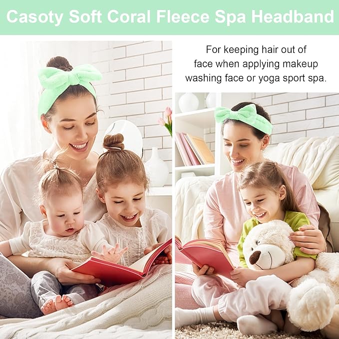 Casoty 10 Pcs Green Face Wash Headbands, Spa Gifts for Women Girls, Soft Coral Fleece Skincare Headband, Bow Hair Bands, Spa Headbands for Face Washing Shower Skin Care Yoga