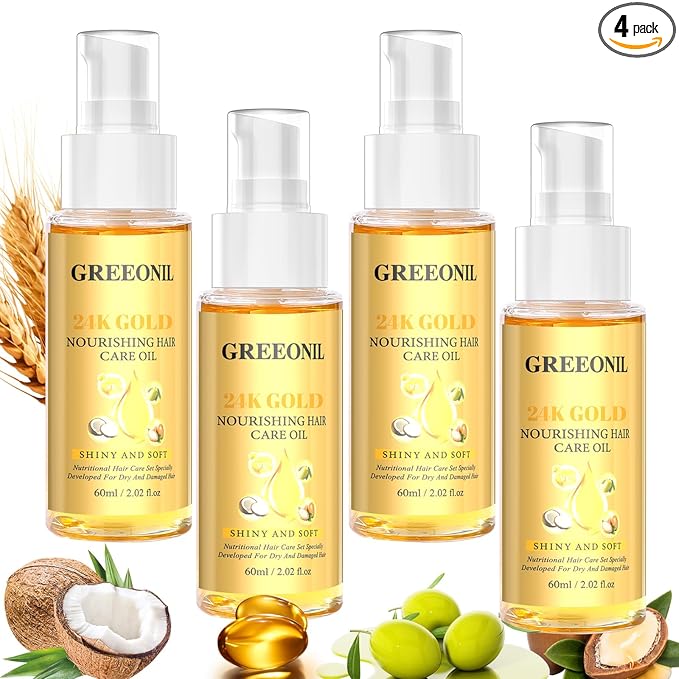 GREEONIL Argan, Coconut, and Olive Oil Nourishing Hair Treatment with Vitamin E for Frizz Control, Add Shine,Nourishing Hair Oil for Split Ends Hair Treatment, 4 Pack