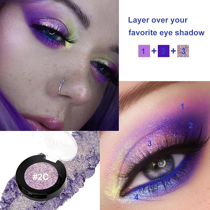 Afflano Single Purple-Gold Eyeshadow Shimmery, Duo Chrome Multichrome Eyeshadow Purple, Holographic Glitter Eye shadow, Color Change Sparkle Chameleon Eye shadow Luminizer Highlighter Makeup