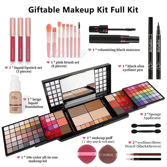 CHARMCODE Full Makeup Kit, Makeup Sets for Women Full Kit, All in One Make Up Gift Set for Girls & Women with Eyeshadow,Liquid Lipstick,Foundation,Mascara,Blush,Eyeliner,Contour,Brushes and More