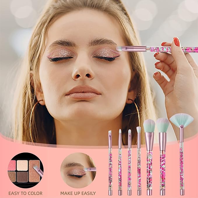 Makeup Brush Set Pink Glitter,Unicorn Foundation Sparkles Cute Fan Powder Blush Lip Highlight Eye shadow Eyebrow Makeup Brushes Set with Liquid and Case for Girls Teen Kids Gift Present