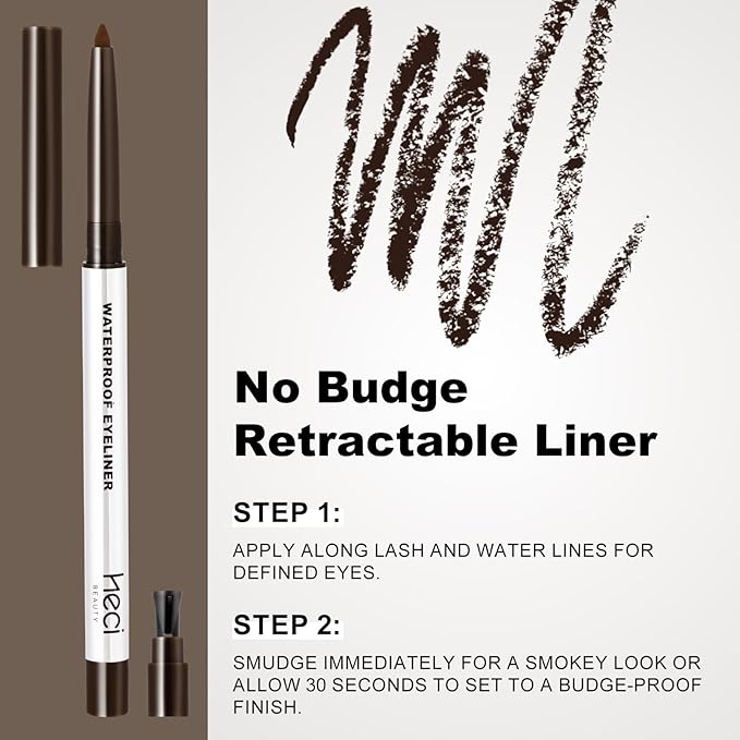 HECI BEAUTY Sharpenable Gel Eyeliner Pencil, Multi-Use Longwear Eyeliner Pencil, Ultra-Smooth Tip Eye Makeup with Up to 24HR Wear, Waterproof & Smudge-Proof - Dark brown