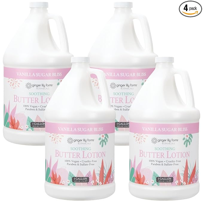 Ginger Lily Farms Botanicals Soothing Butter Lotion for Dry Skin, 100% Vegan & Cruelty-Free, Vanilla Sugar Bliss Scent, 1 Gallon (Pack of 4)