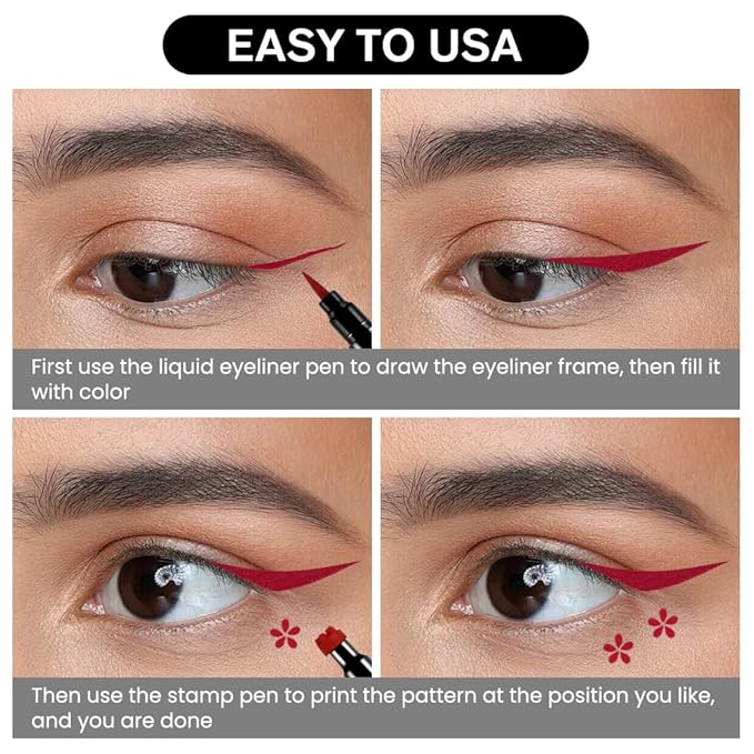evpct 1Pcs 2-in-1 Red Colored Winged Eyeliners Stamp, Red Flower Face Stamps Makeup, Waterproof Eyeliner Eye Stamp Liners Tool Set Kit for Womem, Wing Eyeliner Stamp Figures Tool Wingliner Shapes, 12#