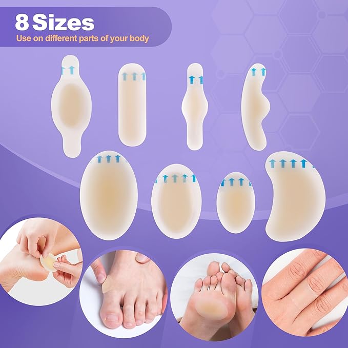 LotFancy Blister Bandages for Feet, 24 Blister Pads and 12 Acne Patches, 8 Size Hydrocolloid Bandage, Waterproof Seal Gel Blister Cushion Variety Pack for Toes Protection, Heel Blister Prevention