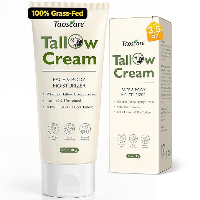 Beef Tallow for Skin, 100% Grass-Fed Whipped Tallow Balm Tube Organic Moisturizer for Face & Body Deep Hydration for Dry & Sensitive Skin Natural Tallow Cream